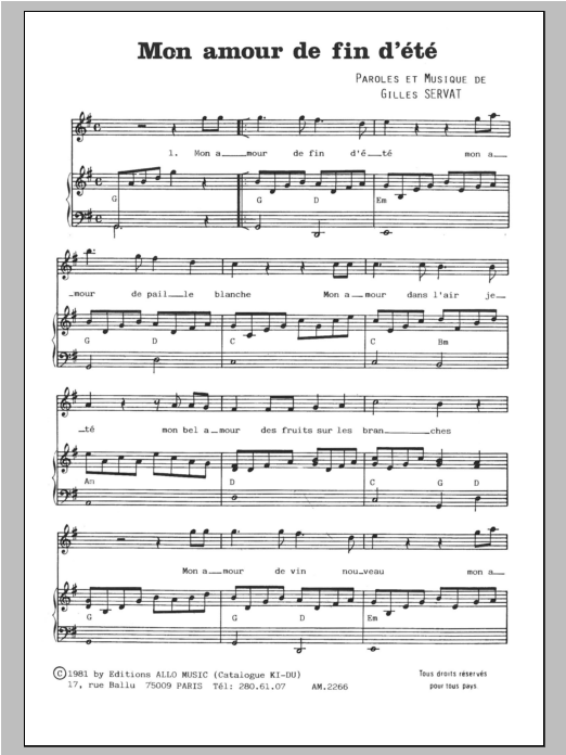 Gilles Servat Mon Amour De Fin D'ete Sheet Music Notes & Chords for Piano & Vocal - Download or Print PDF