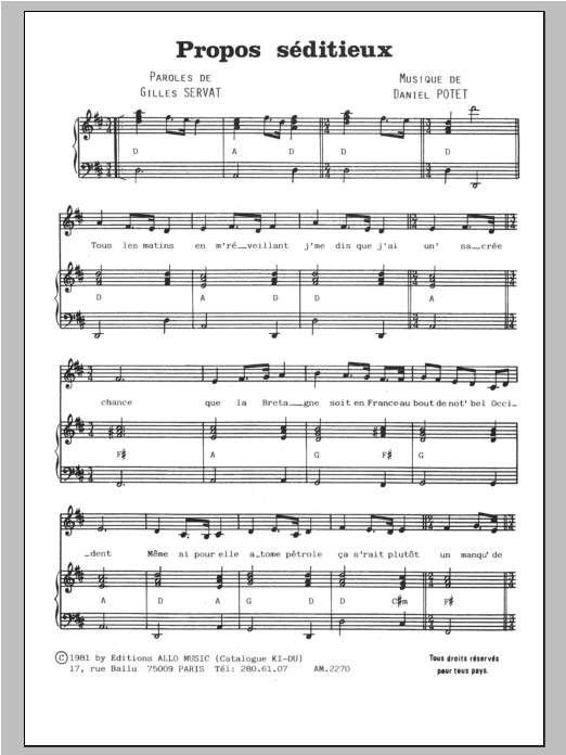 Gilles Servat Propos Seditieux Sheet Music Notes & Chords for Piano & Vocal - Download or Print PDF