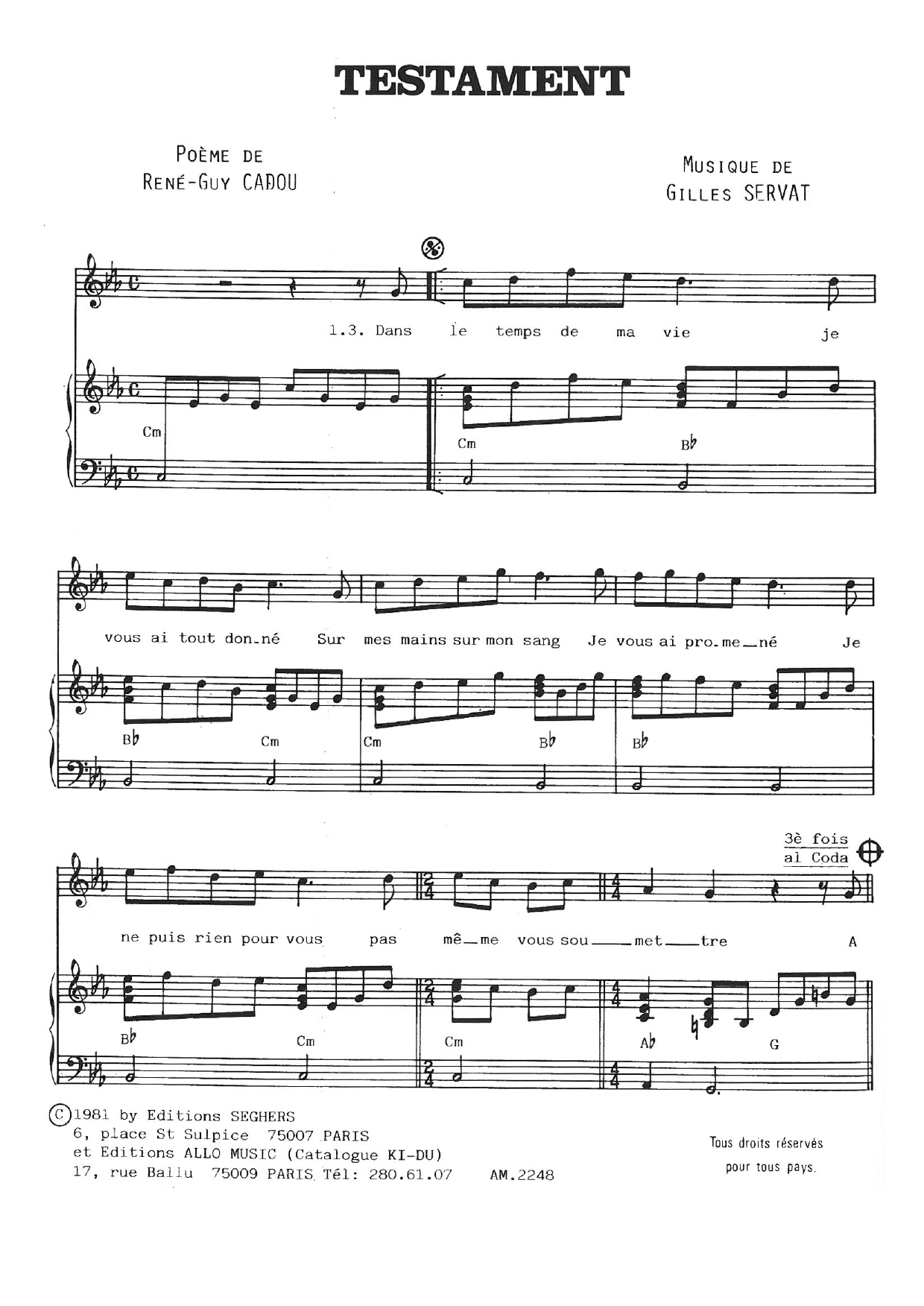 Gilles Servat Testament Sheet Music Notes & Chords for Piano & Vocal - Download or Print PDF