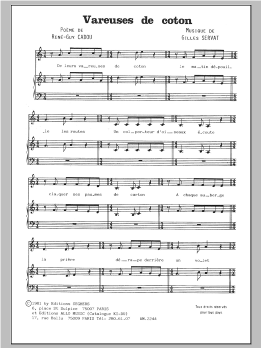 Gilles Servat Vareuses De Coton Sheet Music Notes & Chords for Piano & Vocal - Download or Print PDF