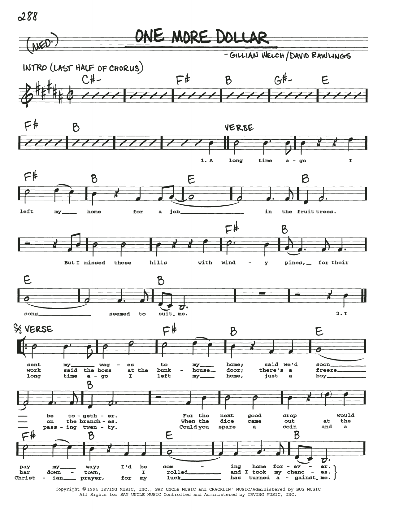 Gillian Welch One More Dollar Sheet Music Notes & Chords for Real Book – Melody, Lyrics & Chords - Download or Print PDF