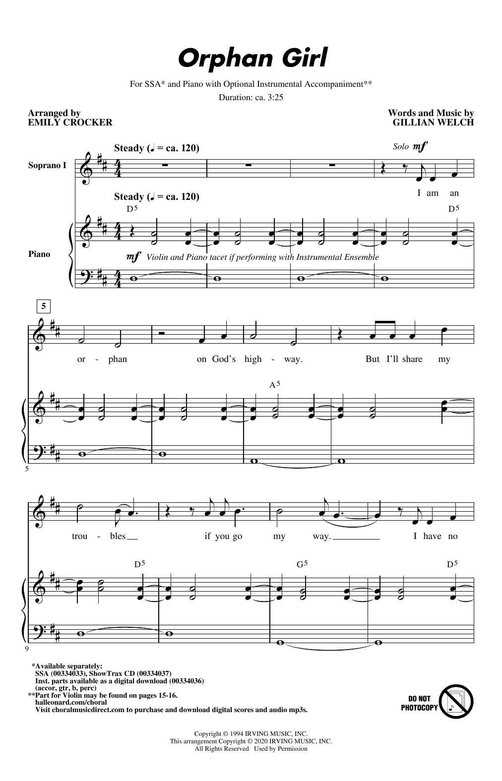 Gillian Welch Orphan Girl (arr. Emily Crocker) Sheet Music Notes & Chords for SSA Choir - Download or Print PDF