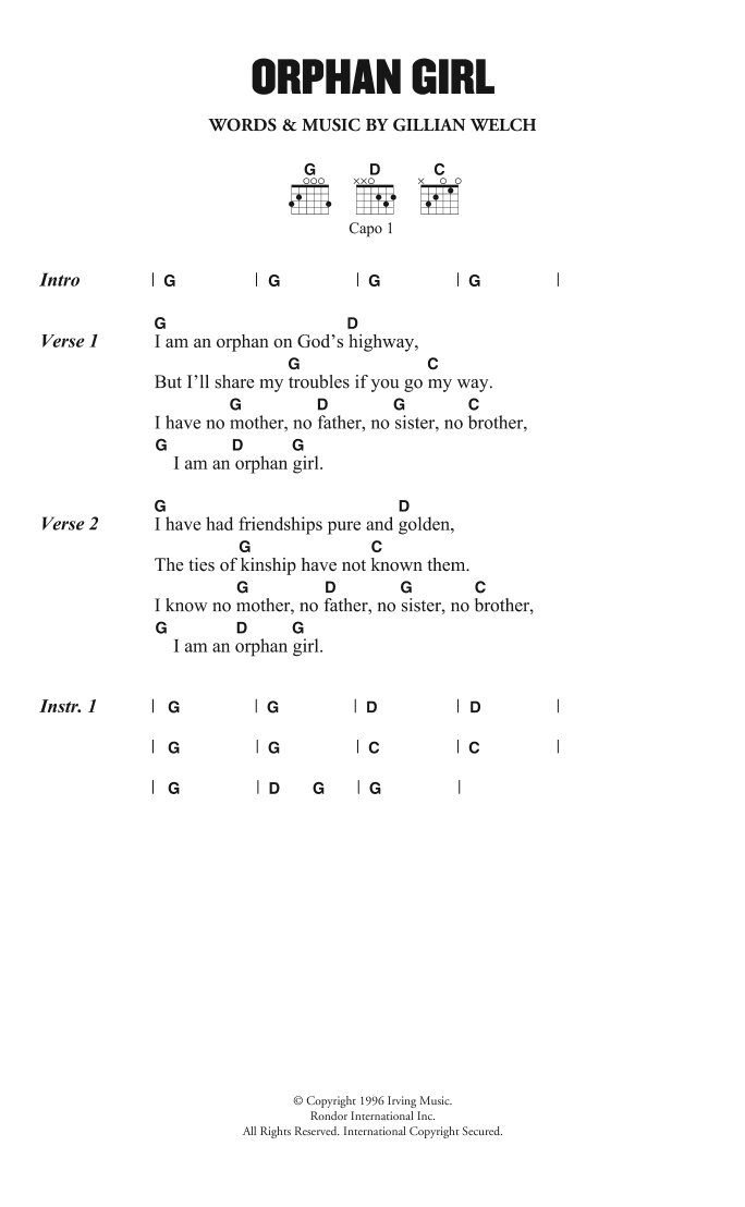 Gillian Welch Orphan Girl Sheet Music Notes & Chords for Lyrics & Chords - Download or Print PDF