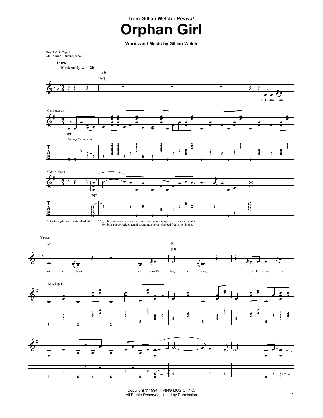 Gillian Welch Orphan Girl Sheet Music Notes & Chords for Guitar Tab - Download or Print PDF