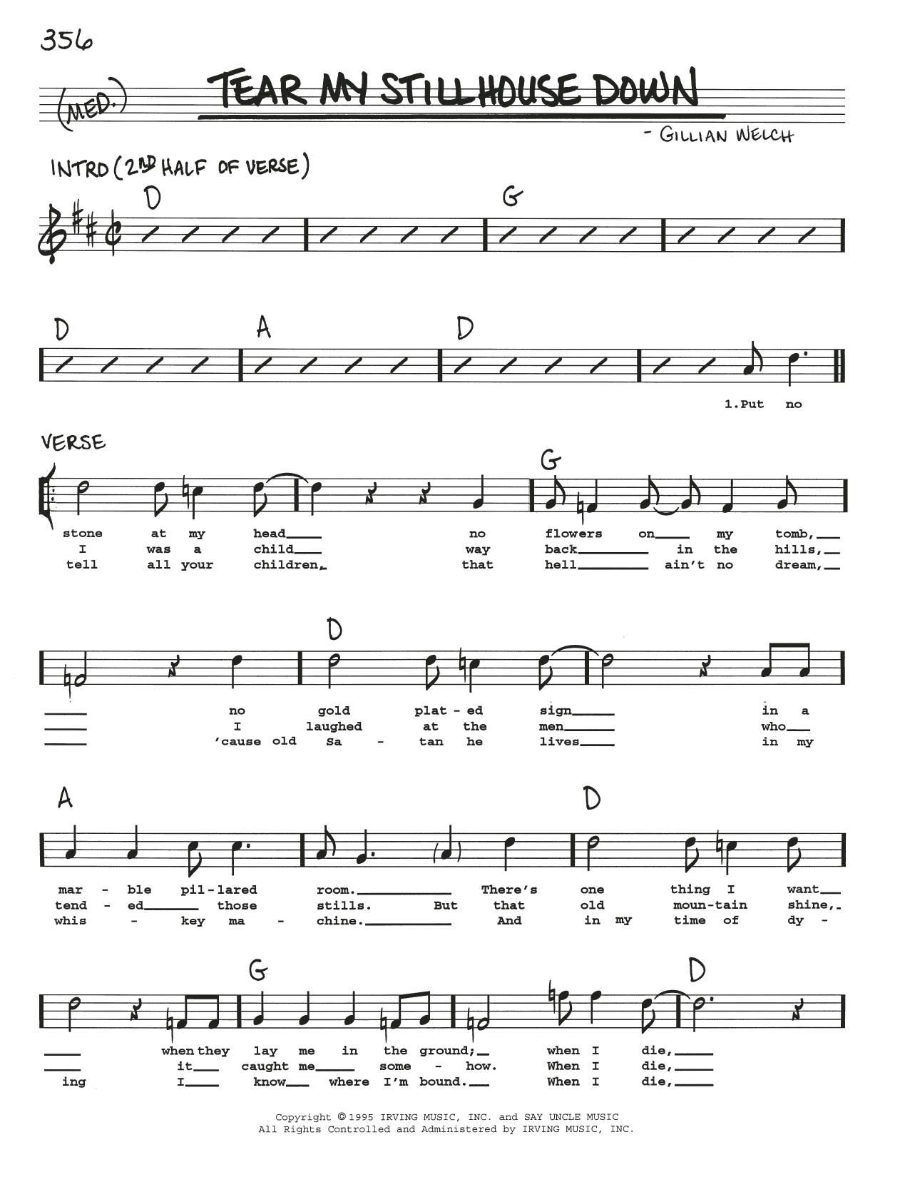 Gillian Welch Tear My Stillhouse Down Sheet Music Notes & Chords for Real Book – Melody, Lyrics & Chords - Download or Print PDF