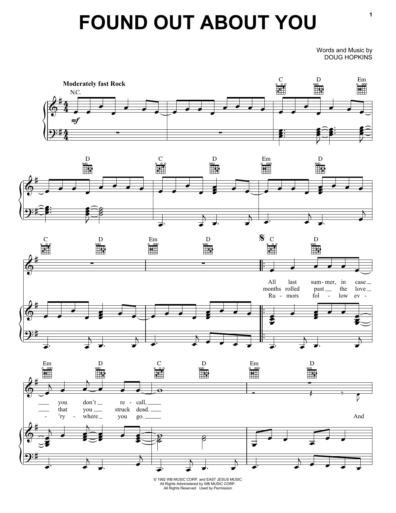 Gin Blossoms Found Out About You Sheet Music Notes & Chords for Piano, Vocal & Guitar (Right-Hand Melody) - Download or Print PDF