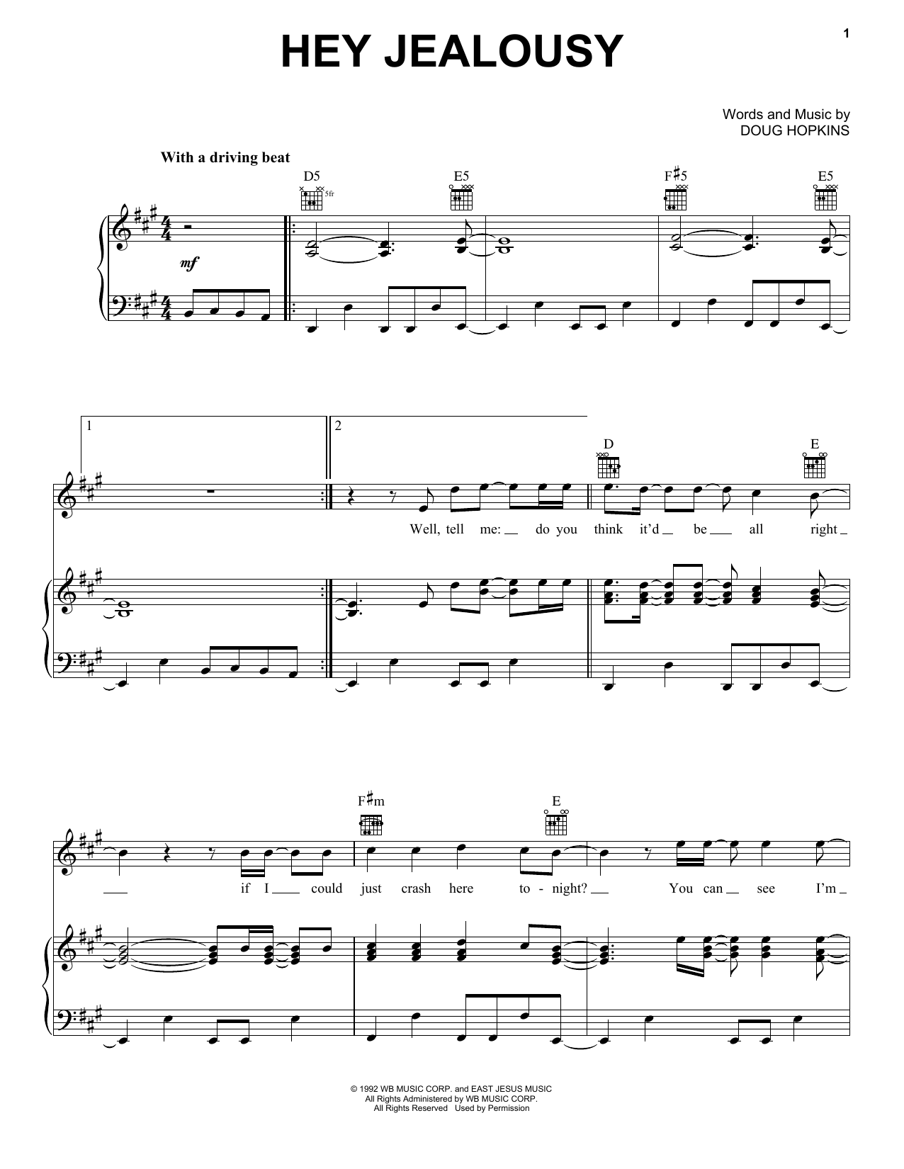 Gin Blossoms Hey Jealousy Sheet Music Notes & Chords for Piano, Vocal & Guitar (Right-Hand Melody) - Download or Print PDF