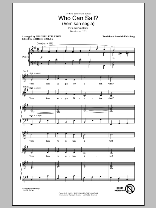 Traditional Who Can Sail? (Vem Kan Segla) (arr. Ginger Littleton) Sheet Music Notes & Chords for 2-Part Choir - Download or Print PDF