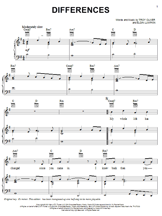 Ginuwine Differences Sheet Music Notes & Chords for Piano, Vocal & Guitar (Right-Hand Melody) - Download or Print PDF