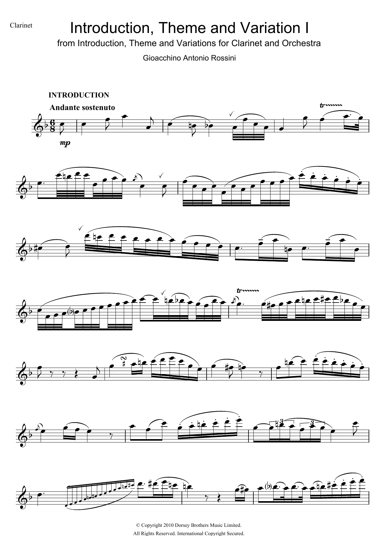 Gioachino Rossini Introduction, Theme And Variations For Clarinet and Orchestra Sheet Music Notes & Chords for Clarinet - Download or Print PDF