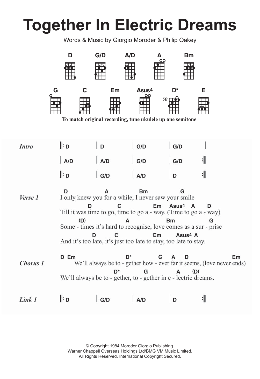 Giorgio Moroder & Philip Oakey Together In Electric Dreams Sheet Music Notes & Chords for Ukulele - Download or Print PDF