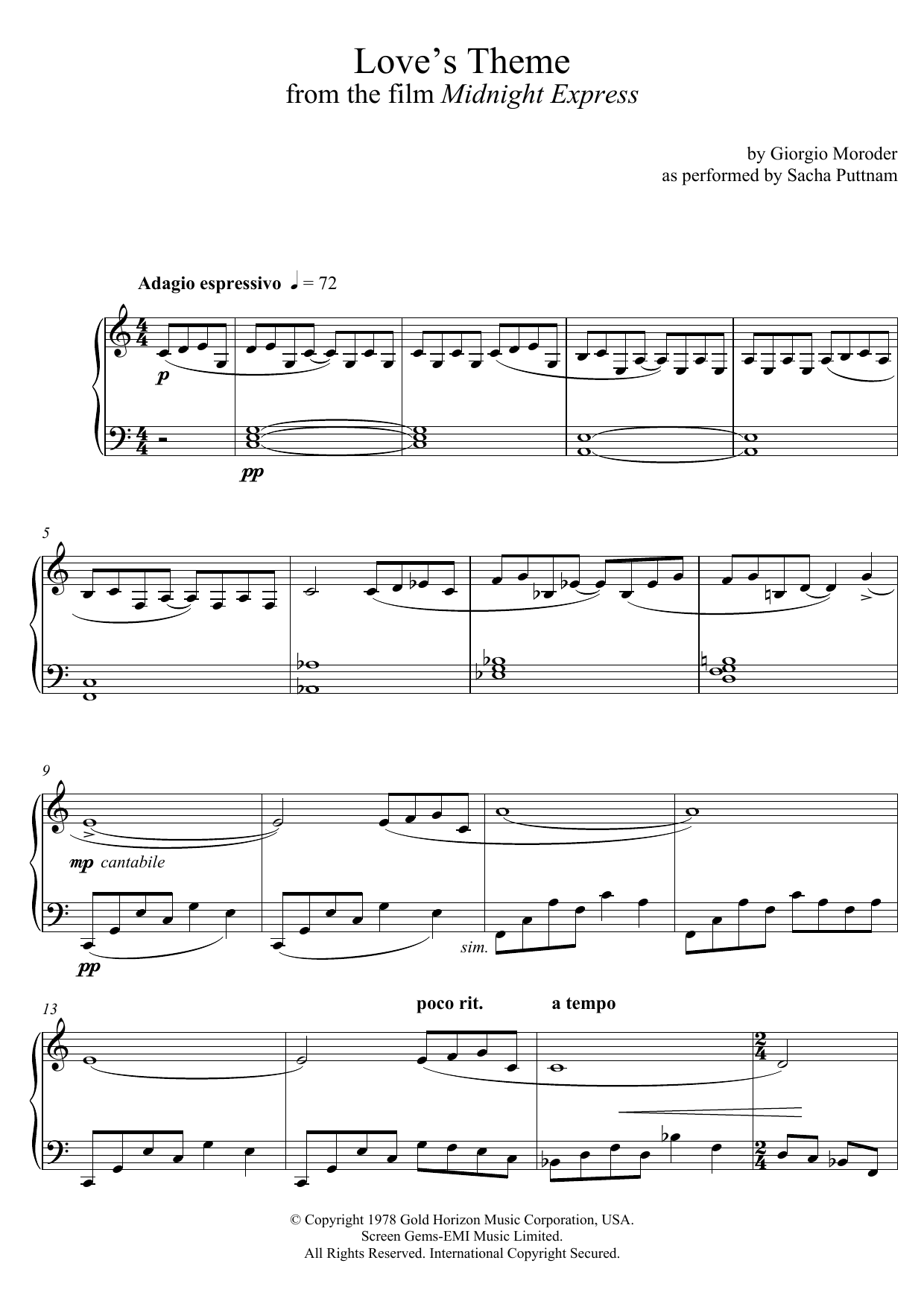 Giorgio Moroder Love's Theme (from Midnight Express) (as performed by Sacha Puttnam) Sheet Music Notes & Chords for Piano - Download or Print PDF