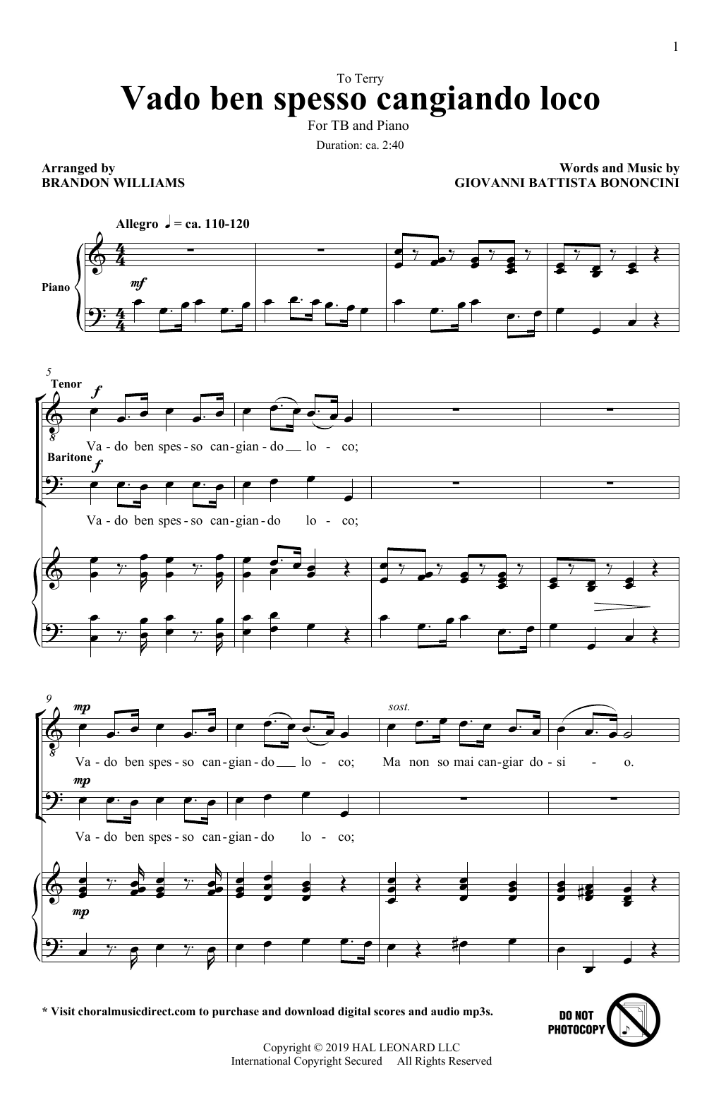 Giovanni Battista Bononcini Vado Ben Spesso Cangiando Loco (arr. Brandon Williams) Sheet Music Notes & Chords for TB Choir - Download or Print PDF