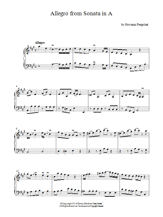 Giovanni Battista Pergolesi Allegro (Harpsichord Sonata In A Major) Sheet Music Notes & Chords for Piano - Download or Print PDF