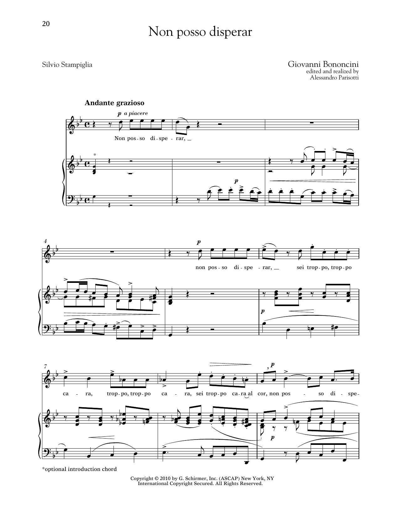 Giovanni Bononcini Non Posso Disperar (High Voice) Sheet Music Notes & Chords for Piano & Vocal - Download or Print PDF