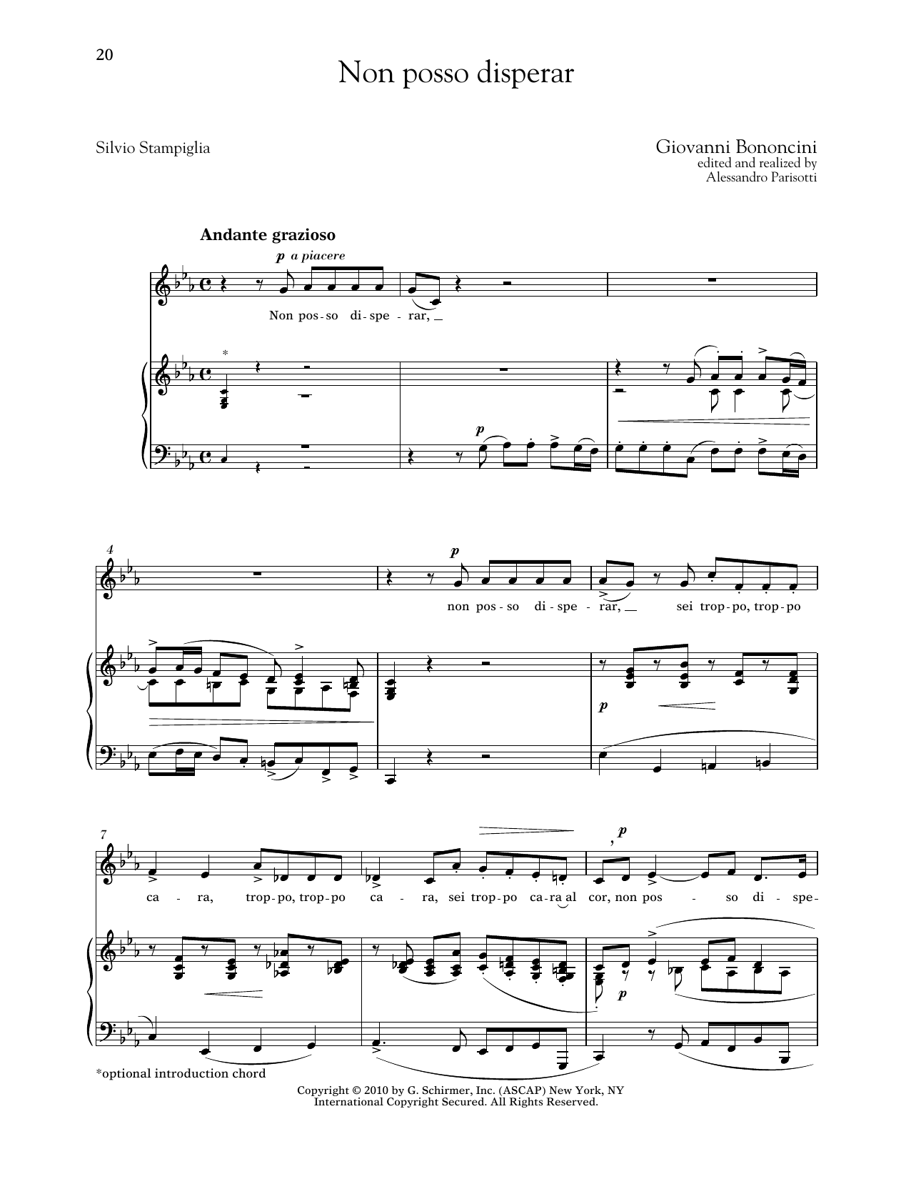 Giovanni Bononcini Non Posso Disperar (Low Voice) Sheet Music Notes & Chords for Piano & Vocal - Download or Print PDF