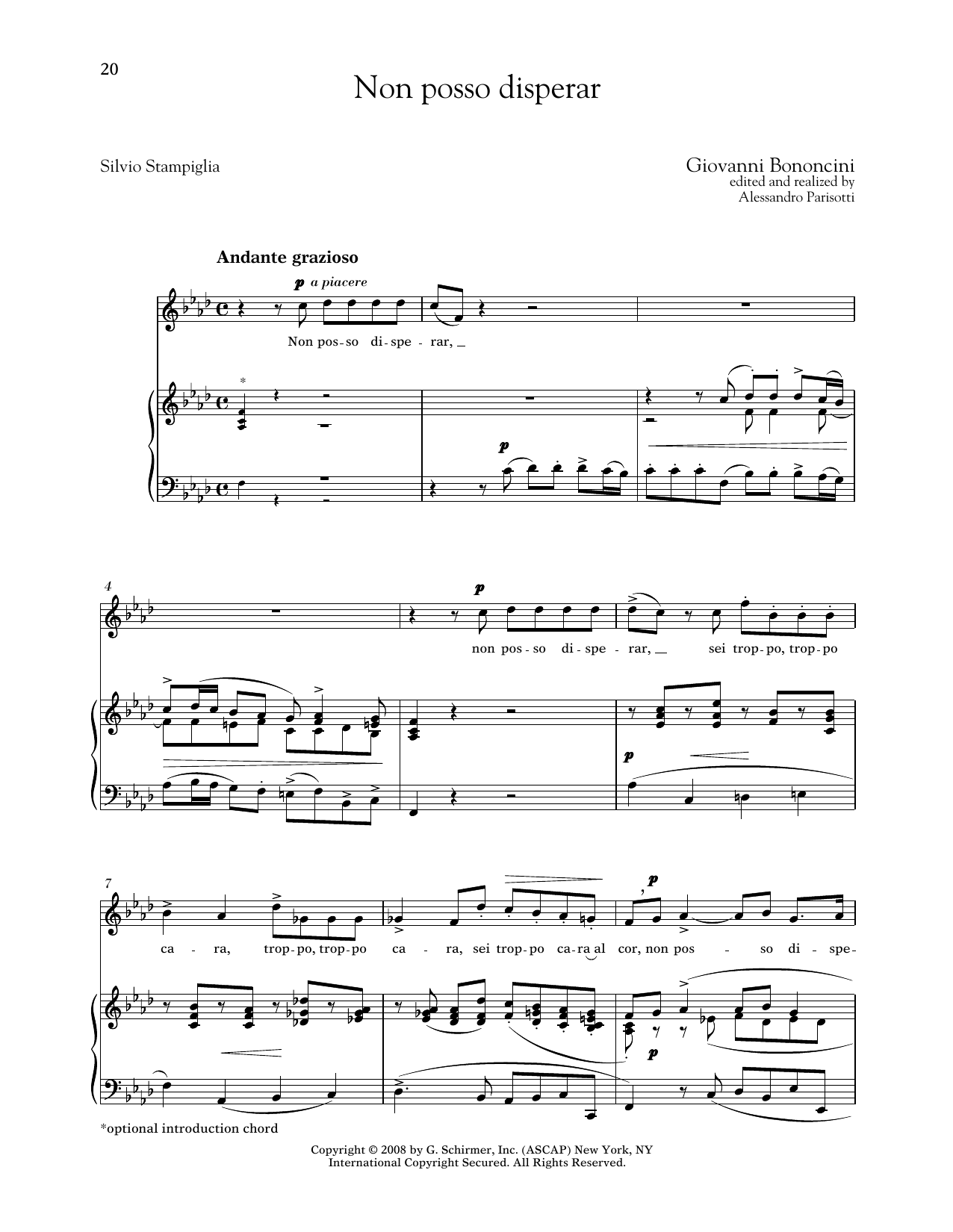 Giovanni Bononcini Non Posso Disperar (Medium High Voice) Sheet Music Notes & Chords for Piano & Vocal - Download or Print PDF