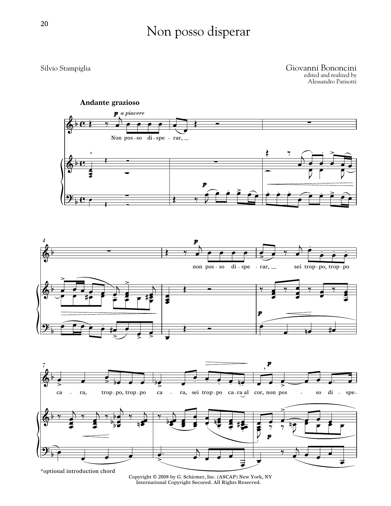Giovanni Bononcini Non Posso Disperar (Medium Low Voice) Sheet Music Notes & Chords for Piano & Vocal - Download or Print PDF Giovanni Bononcini Non Posso Disperar (Medium Low Voice) Sheet Music Notes & Chords for Piano & Vocal - Download or Print PDF