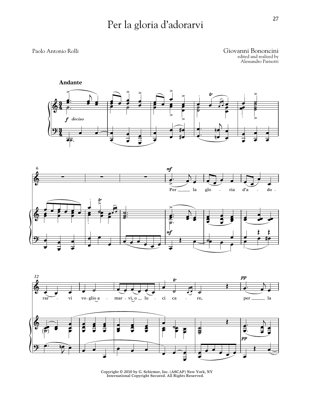 Giovanni Bononcini Per La Gloria D'adorarvi (Low Voice) Sheet Music Notes & Chords for Piano & Vocal - Download or Print PDF