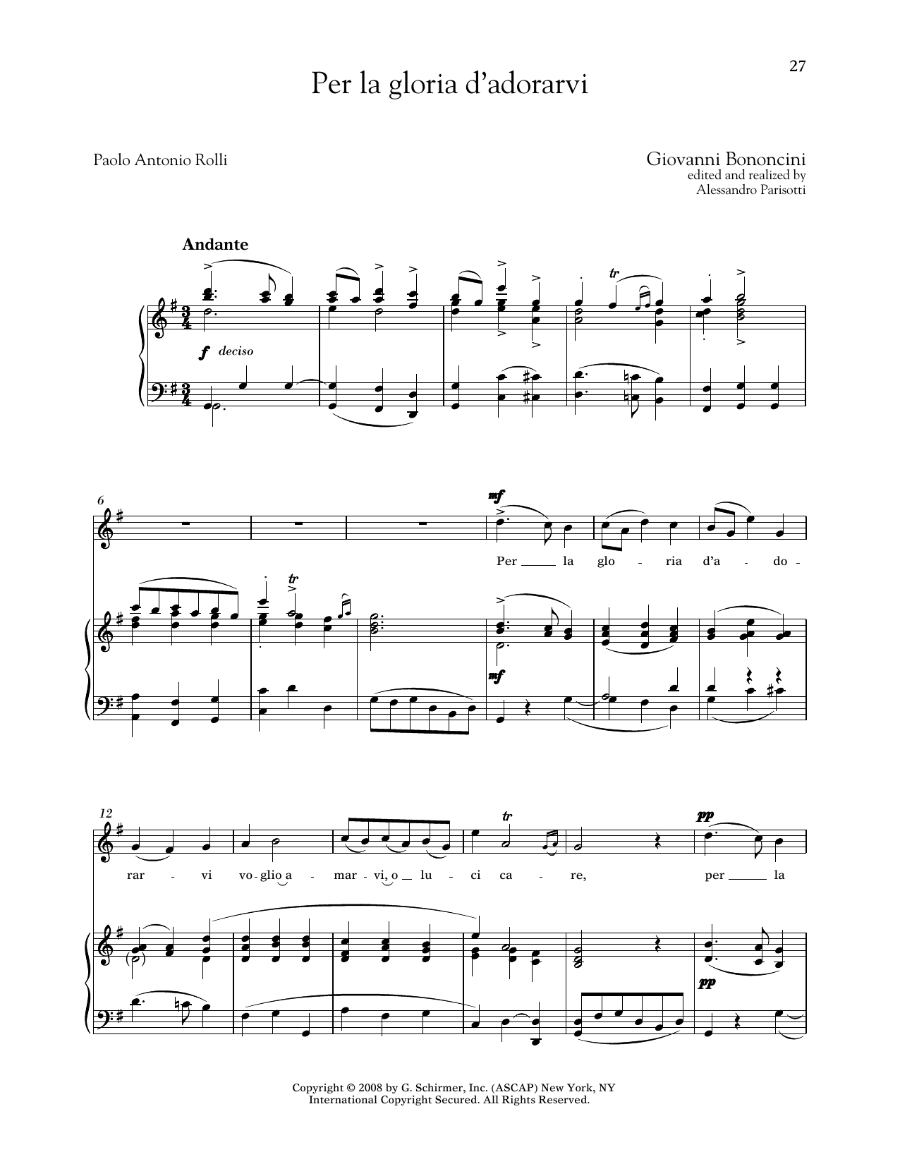 Giovanni Bononcini Per La Gloria D'adorarvi (Medium High Voice) Sheet Music Notes & Chords for Piano & Vocal - Download or Print PDF