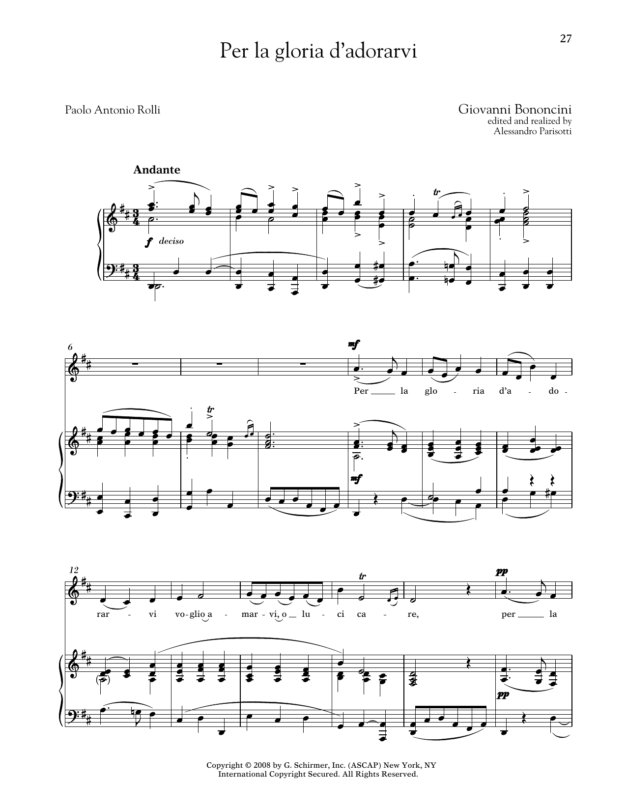 Giovanni Bononcini Per La Gloria D'adorarvi (Medium Low Voice) Sheet Music Notes & Chords for Piano & Vocal - Download or Print PDF