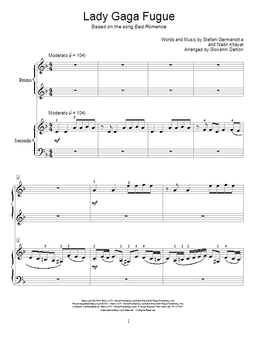Giovanni Dettori Lady Gaga Fugue Sheet Music Notes & Chords for Piano Duet - Download or Print PDF