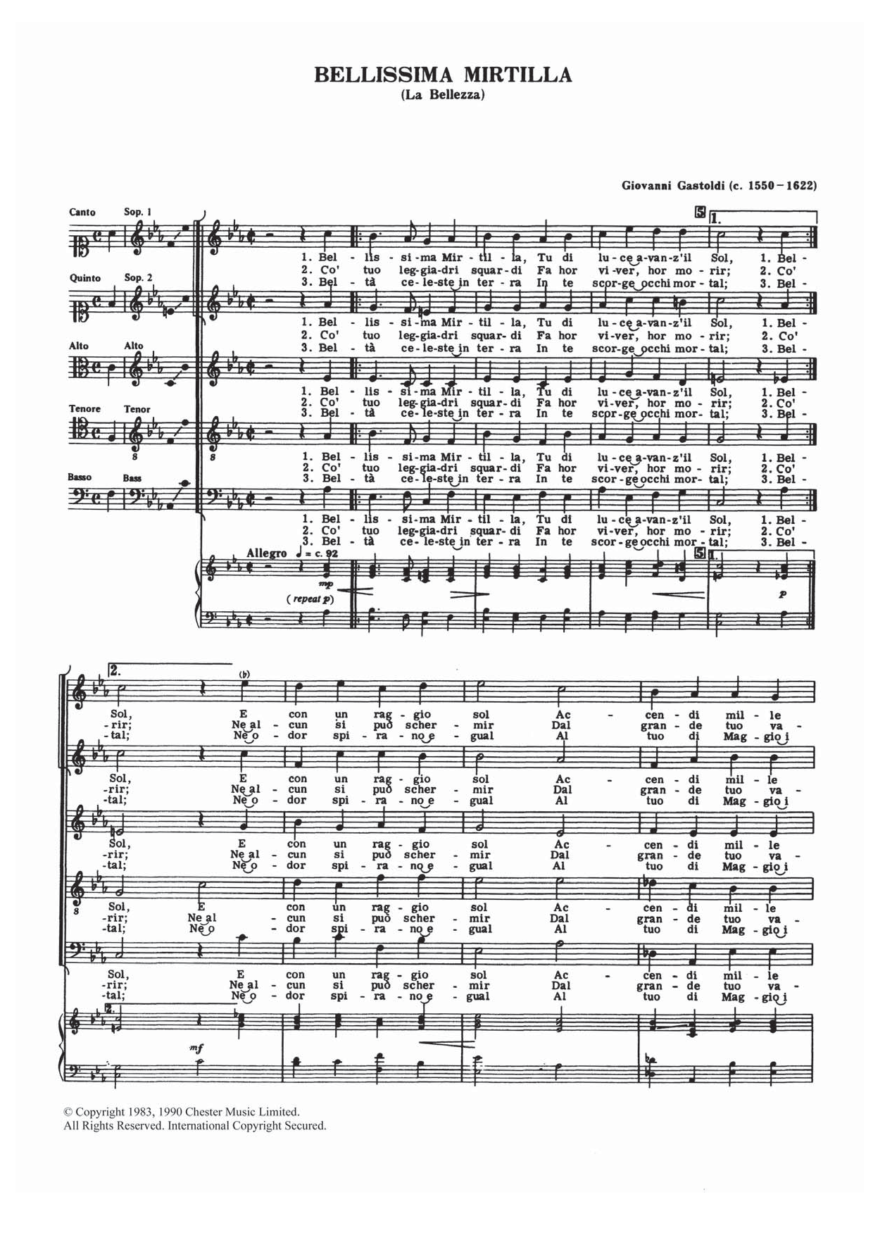 Giovanni Giacomo Gastoldi Bellissima Mirtilla Sheet Music Notes & Chords for Choir - Download or Print PDF