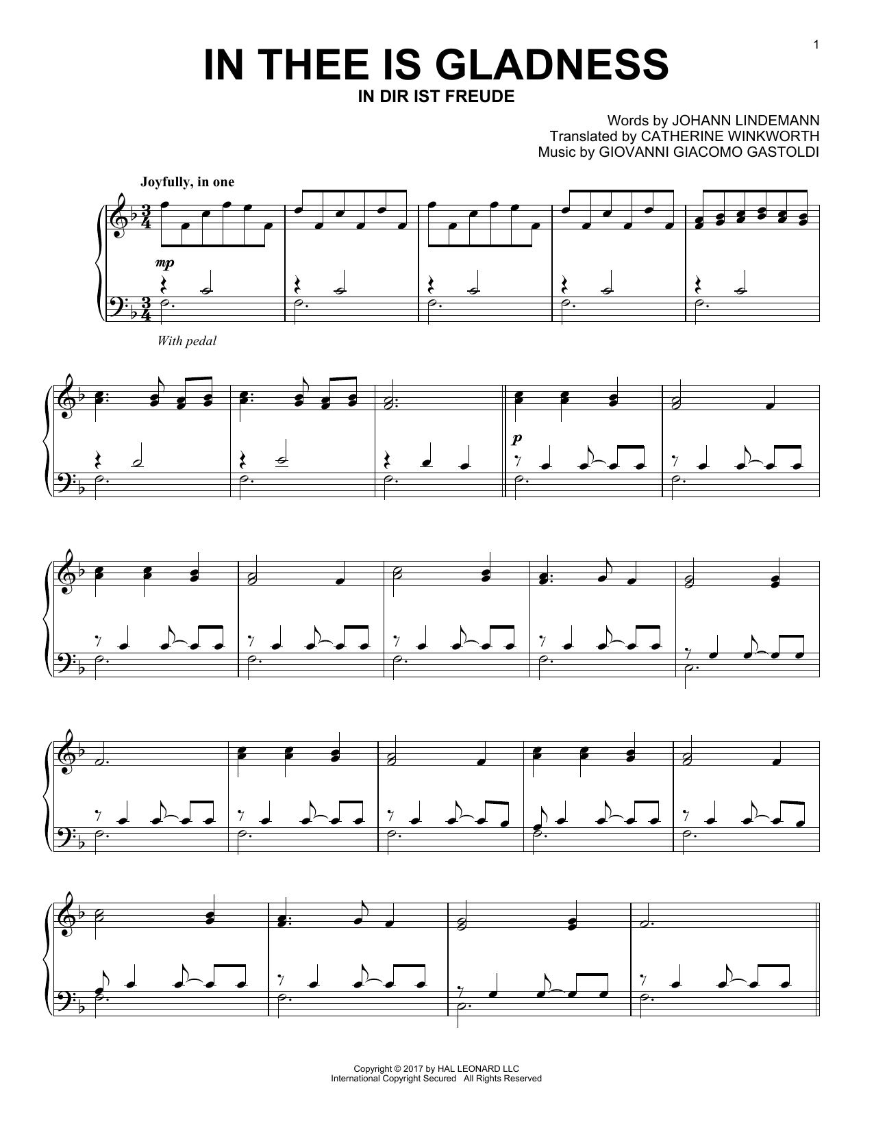 Giovanni Giacomo Gastoldi In Thee Is Gladness Sheet Music Notes & Chords for Piano - Download or Print PDF