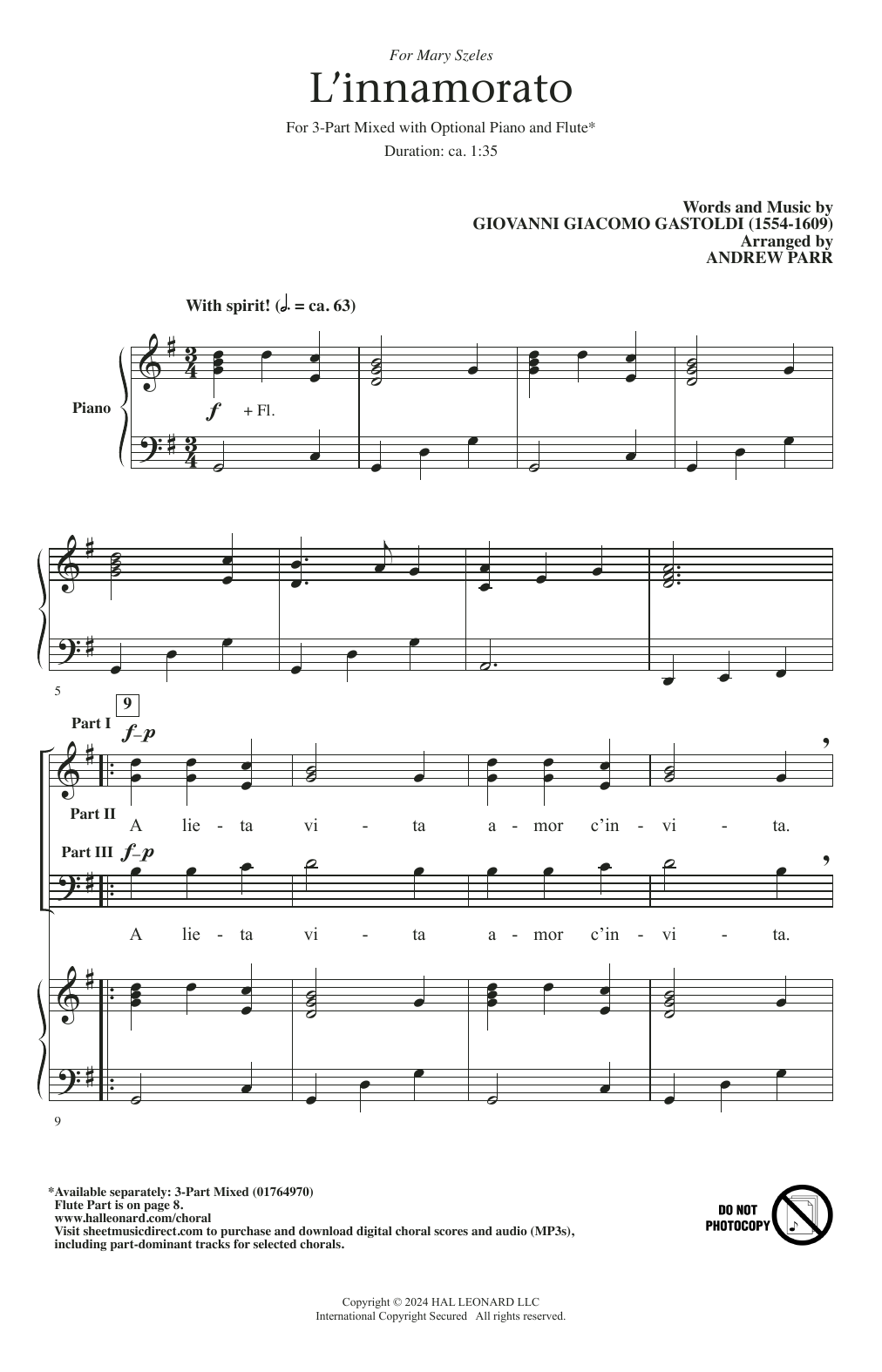 Giovanni Giacomo Gastoldi L'innamorato Sheet Music Notes & Chords for 3-Part Mixed Choir - Download or Print PDF