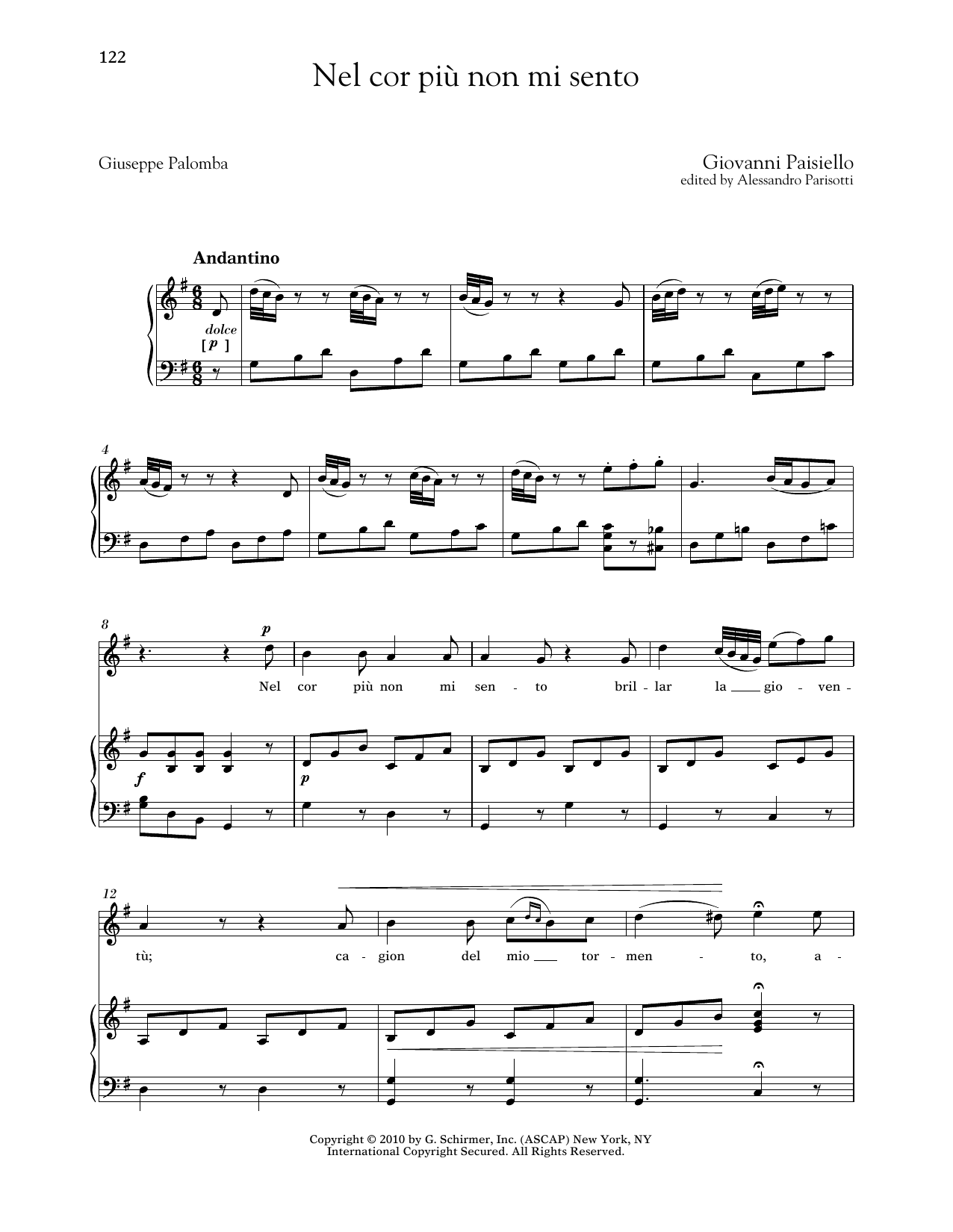 Giovanni Paisiello Nel Cor Piu Non Mi Sento (High Voice) Sheet Music Notes & Chords for Piano & Vocal - Download or Print PDF