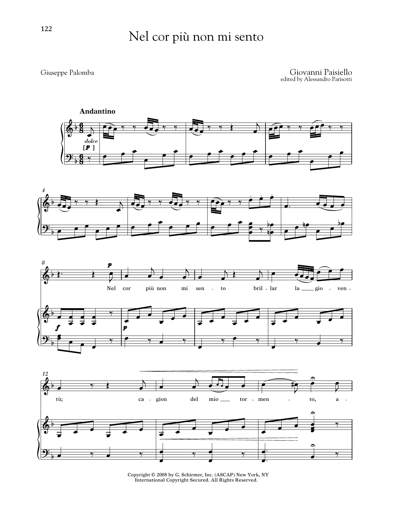 Giovanni Paisiello Nel Cor Piu Non Mi Sento (Medium High Voice) Sheet Music Notes & Chords for Piano & Vocal - Download or Print PDF