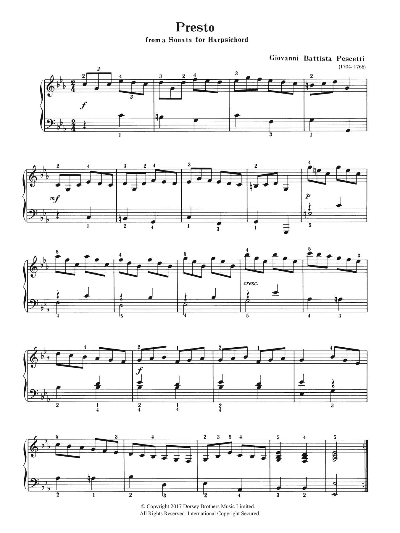 Giovanni Pescetti Presto Sheet Music Notes & Chords for Piano - Download or Print PDF