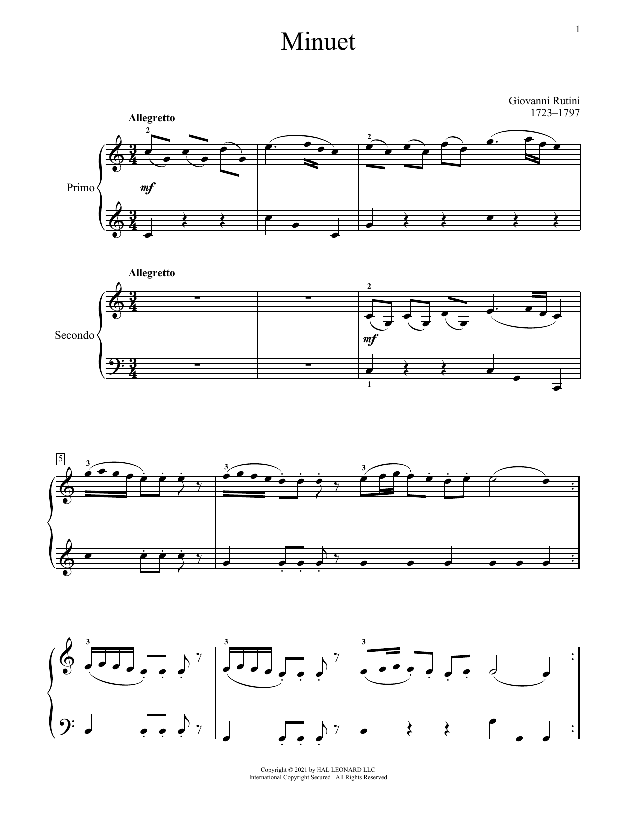 Giovanni Rutini Minuet Sheet Music Notes & Chords for Piano Duet - Download or Print PDF