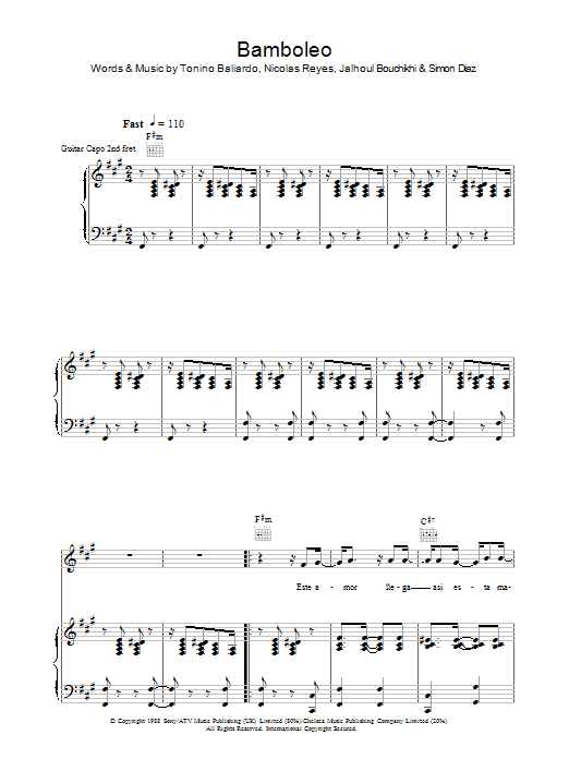 Gipsy Kings Bamboleo Sheet Music Notes & Chords for Piano, Vocal & Guitar - Download or Print PDF