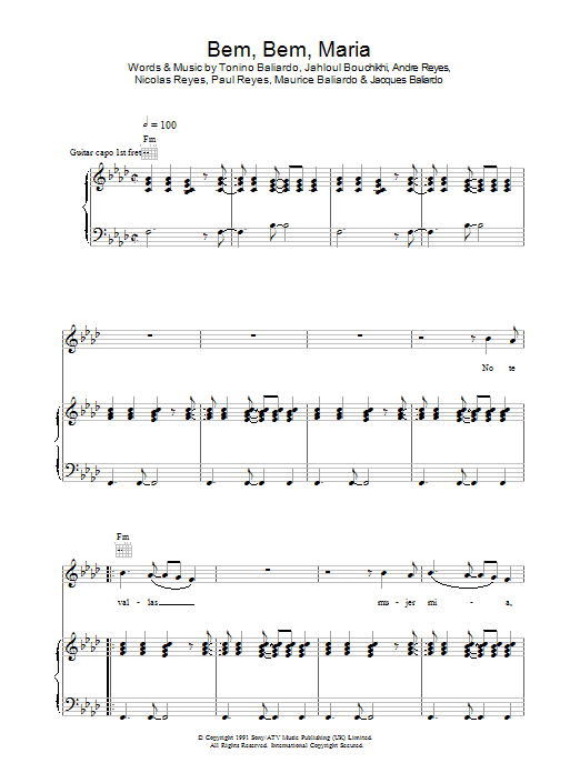 Gipsy Kings Bem Bem Maria Sheet Music Notes & Chords for Piano, Vocal & Guitar - Download or Print PDF