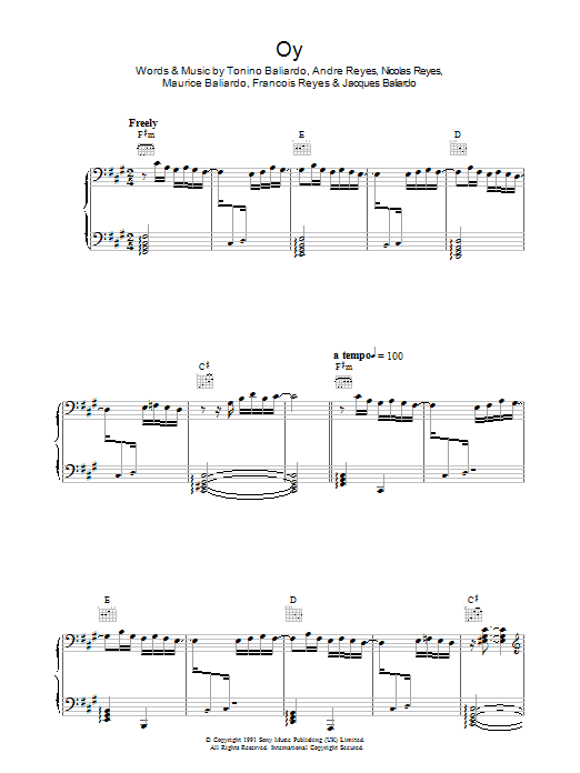 Gipsy Kings Oy Sheet Music Notes & Chords for Piano, Vocal & Guitar - Download or Print PDF