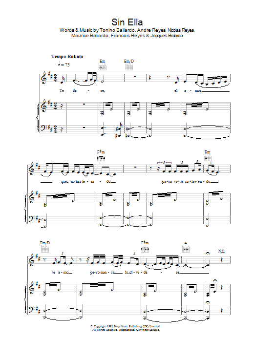 Gipsy Kings Sin Ella Sheet Music Notes & Chords for Piano, Vocal & Guitar - Download or Print PDF