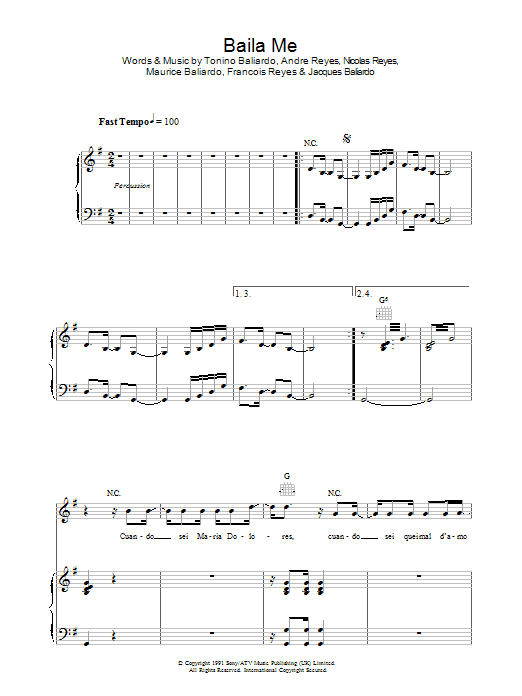 Preview Gipsy Kings Baila Me World sheet music, notes and chords for Piano, Vocal & Guitar, SKU: 37575 Baila Me sheet music