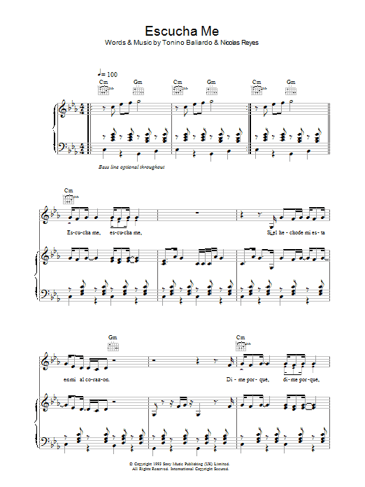 Preview Gipsy Kings Escucha Me World sheet music, notes and chords for Piano, Vocal & Guitar (Right-Hand Melody), SKU: 37622 Escucha Me sheet music