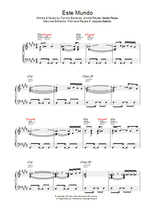 Preview Gipsy Kings Este Mundo World sheet music, notes and chords for Piano, Vocal & Guitar (Right-Hand Melody), SKU: 37605 Este Mundo sheet music