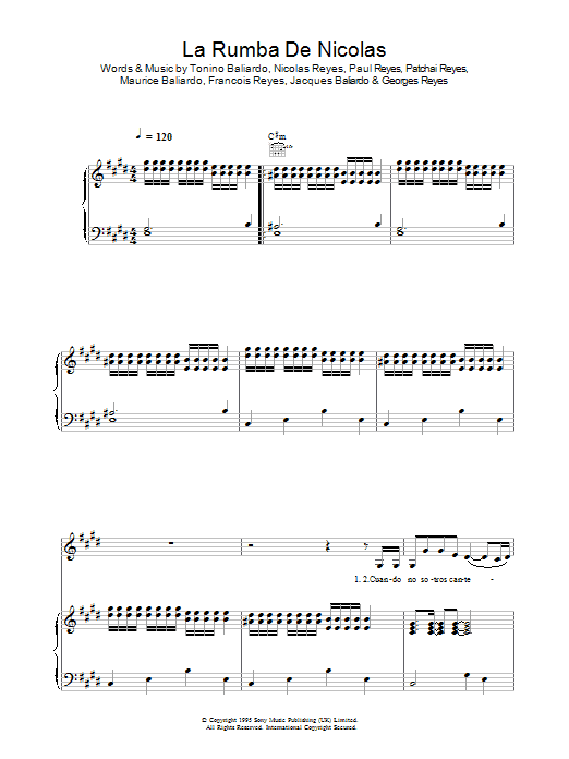 Preview Gipsy Kings La Rumba De Nicolas World sheet music, notes and chords for Piano, Vocal & Guitar (Right-Hand Melody), SKU: 37610 La Rumba De Nicolas sheet music