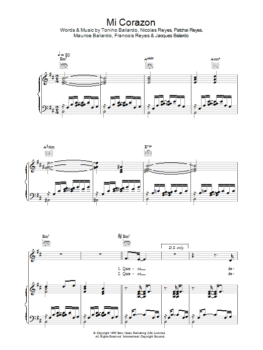 Preview Gipsy Kings Mi Corazon World sheet music, notes and chords for Piano, Vocal & Guitar, SKU: 37621 Mi Corazon sheet music