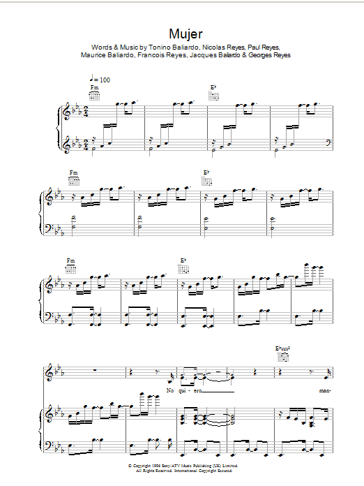 Preview Gipsy Kings Mujer World sheet music, notes and chords for Piano, Vocal & Guitar (Right-Hand Melody), SKU: 37620 Mujer sheet music