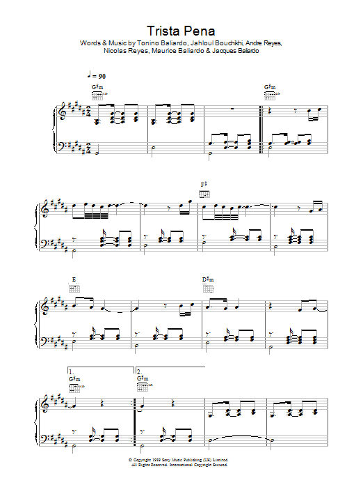 Preview Gipsy Kings Trista Pena World sheet music, notes and chords for Piano, Vocal & Guitar, SKU: 37617 Trista Pena sheet music