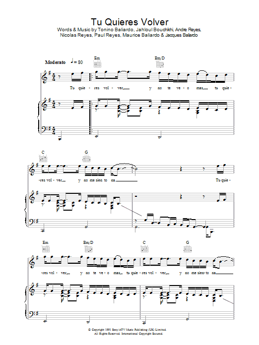 Preview Gipsy Kings Tu Quieres Volver World sheet music, notes and chords for Piano, Vocal & Guitar (Right-Hand Melody), SKU: 37589 Tu Quieres Volver sheet music