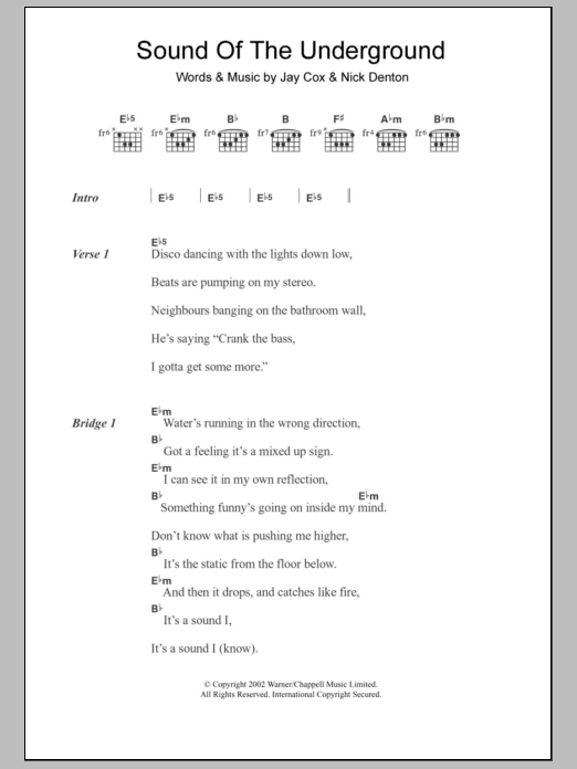 Girls Aloud Sound Of The Underground Sheet Music Notes & Chords for Lyrics & Chords - Download or Print PDF