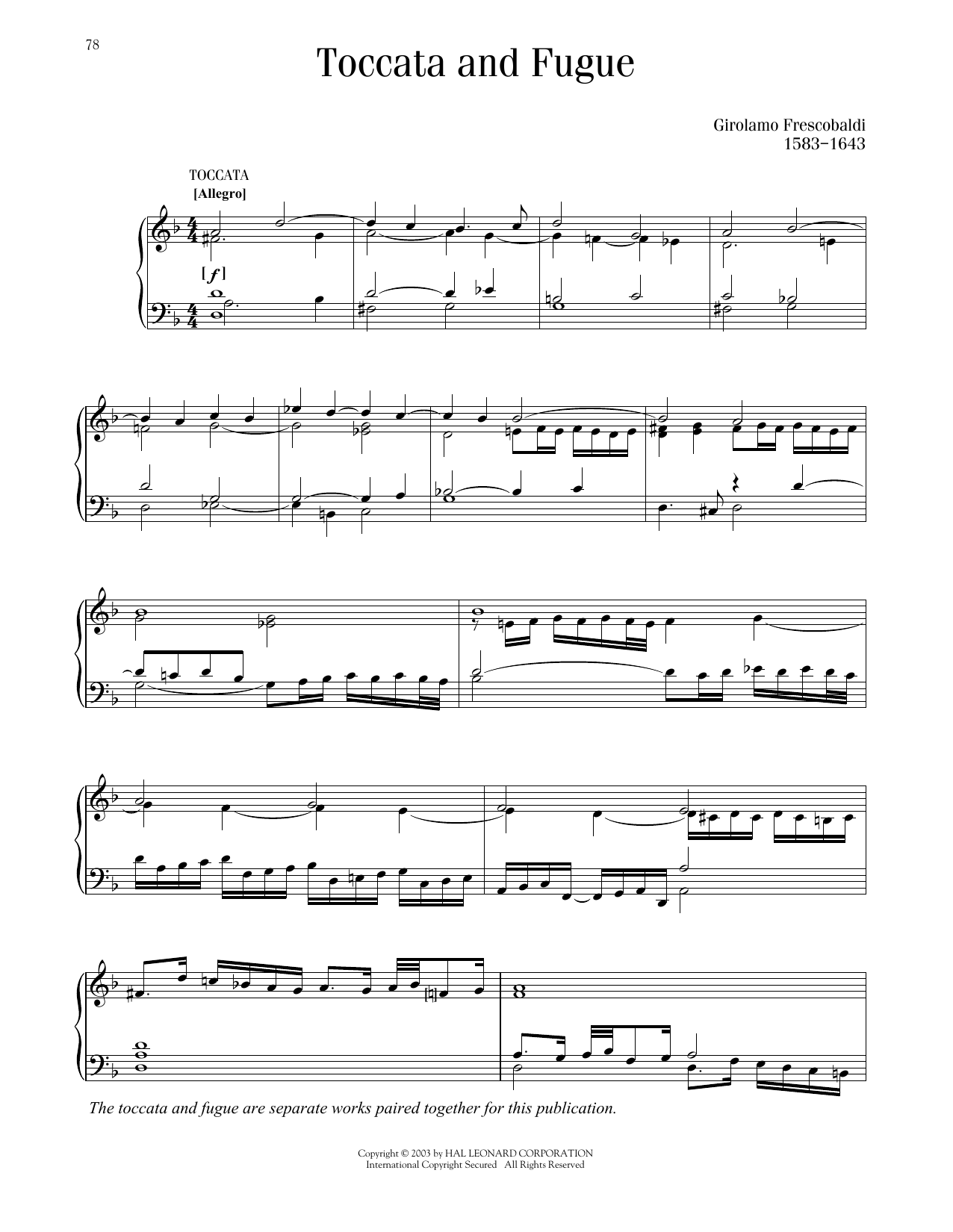 Girolamo Frescobaldi Toccata And Fugue Sheet Music Notes & Chords for Piano Solo - Download or Print PDF