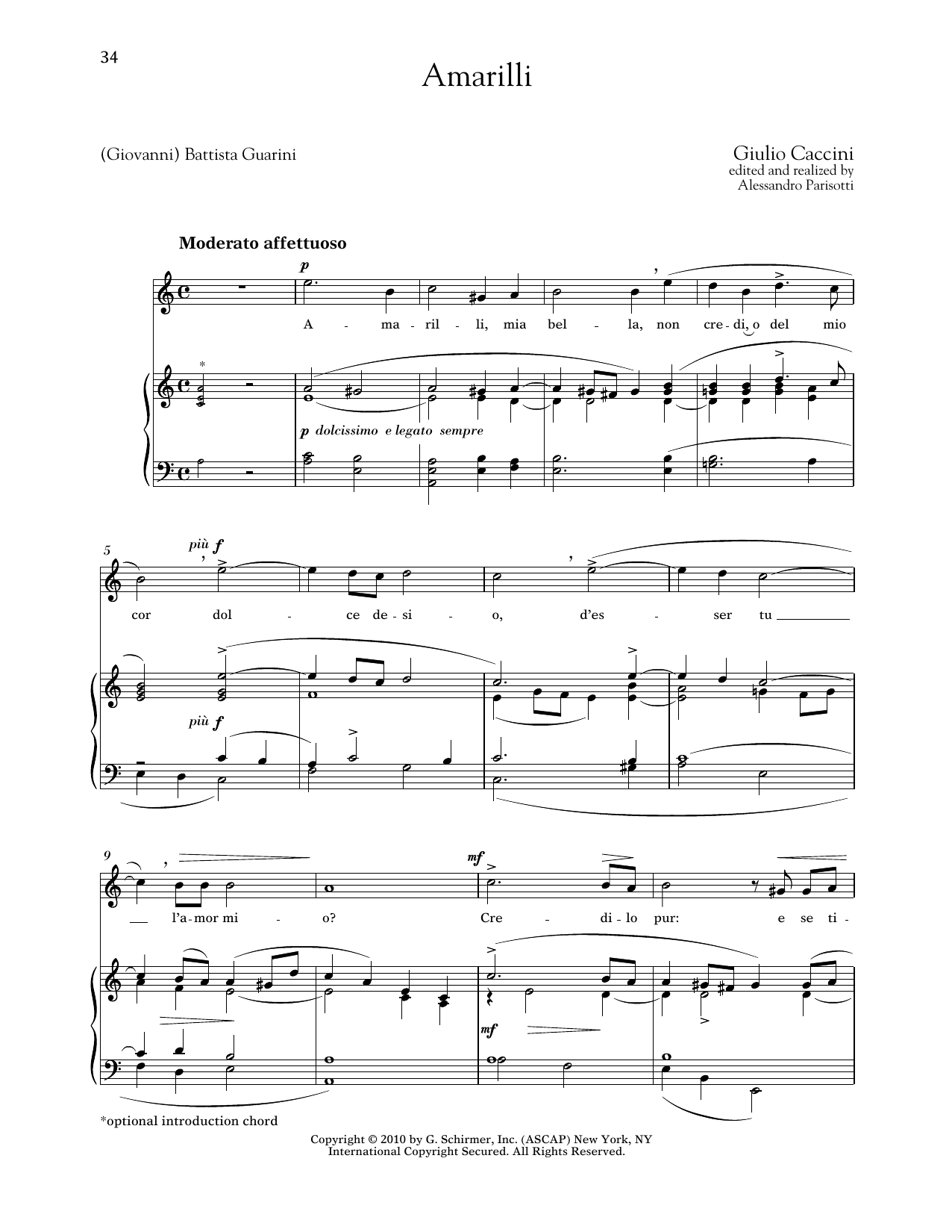 Giulio Caccini Amarilli (High Voice) Sheet Music Notes & Chords for Piano & Vocal - Download or Print PDF