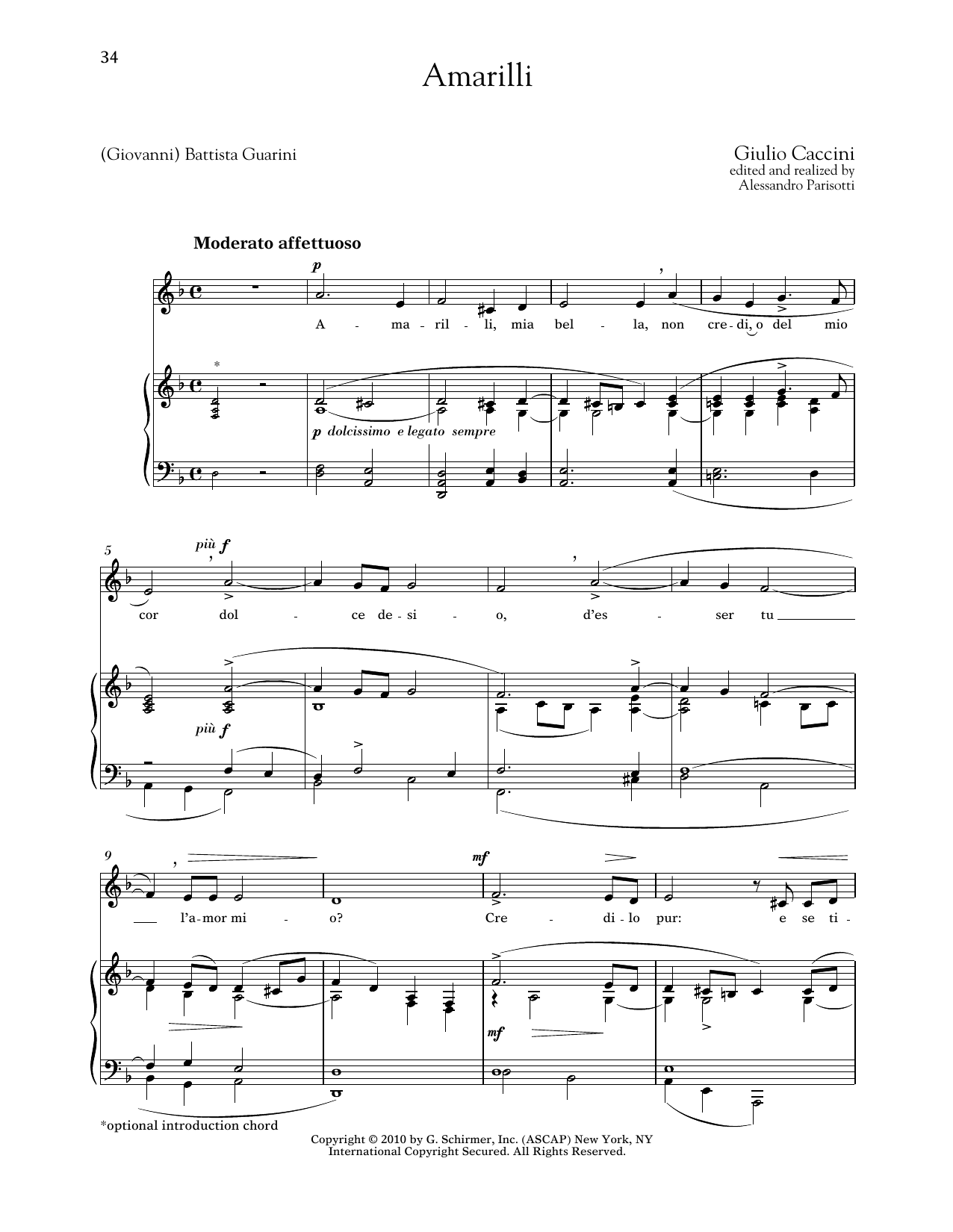 Giulio Caccini Amarilli (Low Voice) Sheet Music Notes & Chords for Piano & Vocal - Download or Print PDF