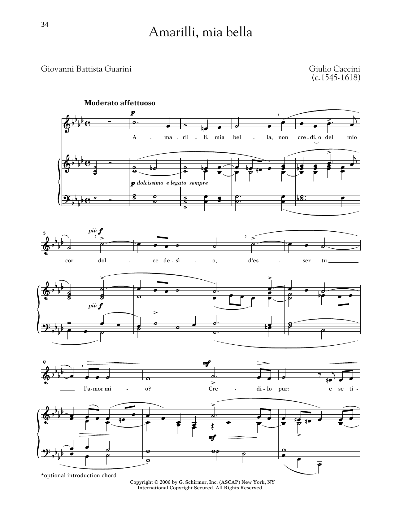 Giulio Caccini Amarilli (Medium Low Voice) Sheet Music Notes & Chords for Piano & Vocal - Download or Print PDF